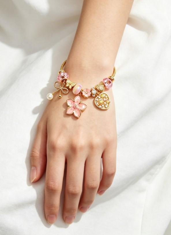 Gold Snake Chain Beaded Bracelet, Pink Flower Enamel Charm Bracelet with Pink Crystal Pearl Rhinestone, Fashion Jewelry Gift for Women Gold Snake Chain Beaded Bracelet, Pink Flower Enamel Charm Bracelet with Pink Crystal Pearl Rhinestone, Fashion Jewelry Gift for Women