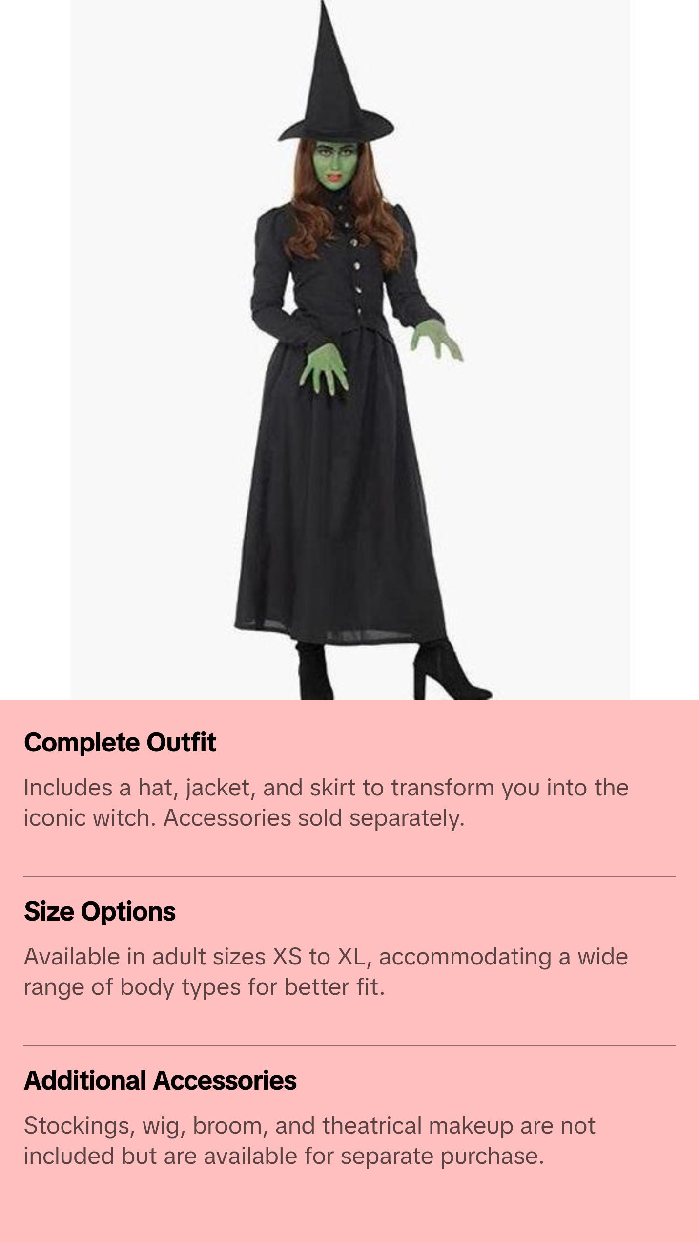 Wicked Witch - Wizard of Oz - Wicked - Classic Costume - Black - Adult - 5 Sizes