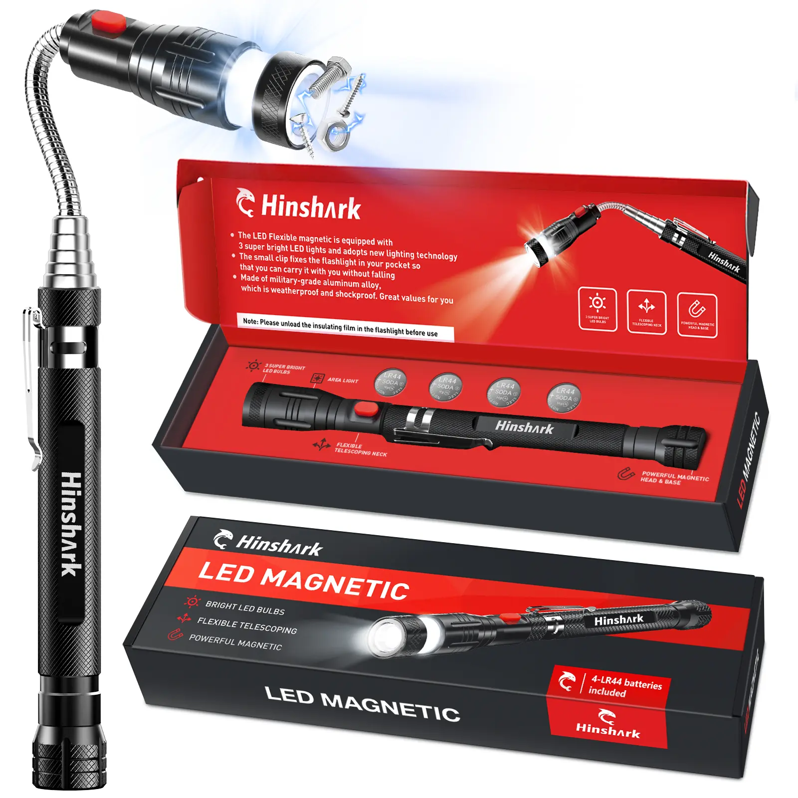 Hinshark Gifts for Men, Extendable Magnetic Pickup Tools - Telescoping Magnet with LED Flashlight, Anniversary Birthday Gifts for Men, Mens Gifts for Him Dad Husband, Stocking Stuffers for Mens Adults