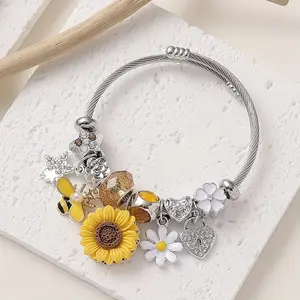 Elegant Sunflower and Bee Charm Bracelet with Crystals - Stainless Steel for Parties, Nightclubs Everyday Wear
