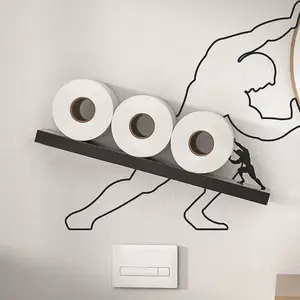 Creative Climbing Man Toilet Paper Storage Shelf, No-Drill Wall Mounted Toilet Roll Holder, Holds Up to 3 Rolls, Black Metal Industrial Bathroom Organizer for Bathroom Decor