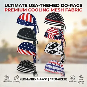 Men's 3/4/8-Pack Do Rags Skull Caps, Sweat-Wicking Helmet Liner Beanies, Breathable Motorcycle Cycling Sports Hats, American Flag Baseball Accessories