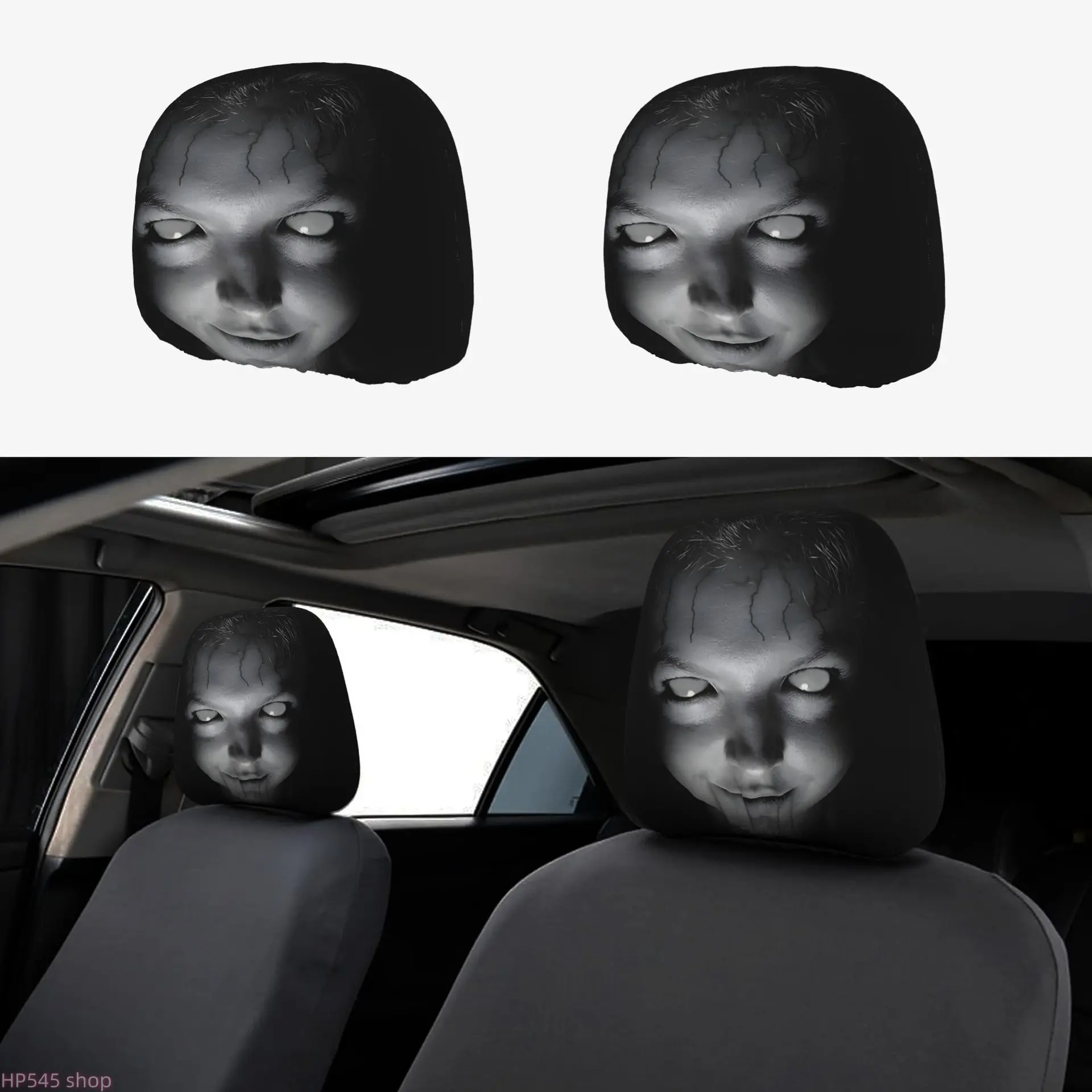 2 Pcs Gothic Car Headrest Covers with Horror Face Print, Universal Washable Fabric, Unisex Car Interior Accessories