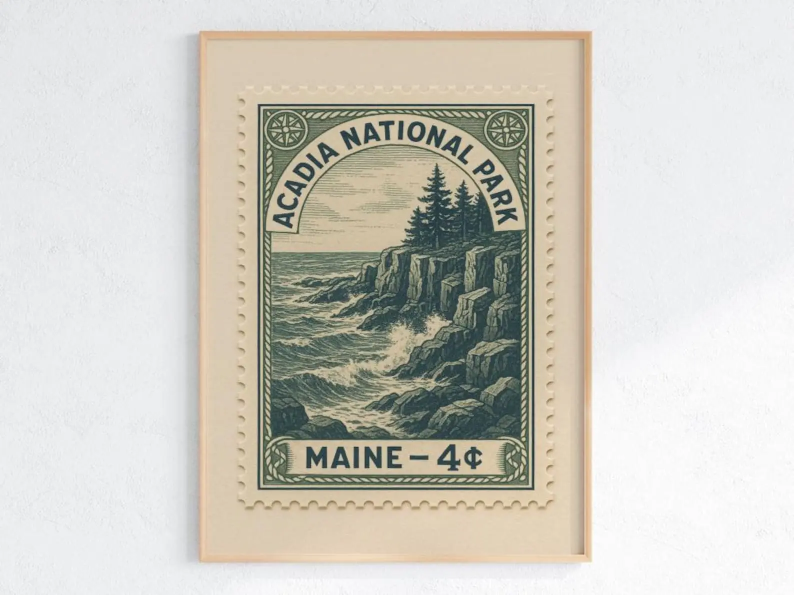Acadia National Park Vintage Stamp Glossy Poster, Unframed Maine Coastal Wall Art Print