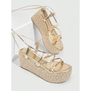 Fashionable Women's Gold Lace-Up Platform Espadrille Sandals For Vacation Disco Party Sexy Night Out Spring Shoes Spring Break Easter