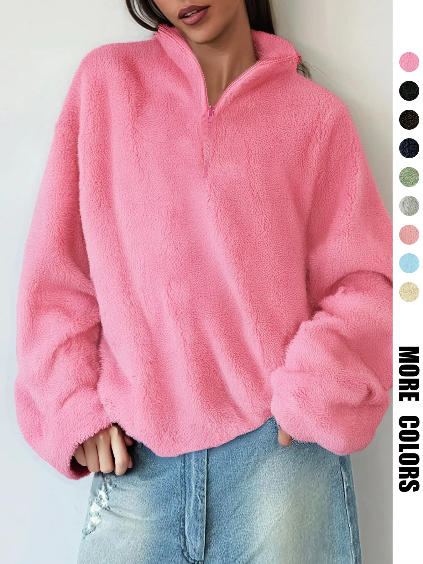 Women's Fall Winter Half-Zip Fleece Sweater, Warm Windproof Soft Casual Fashion, Knit Fabric, Loose-Fitting, Home Daily Wear