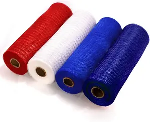 Poly Deco Mesh 10 inch x 10 Yards Each Roll Metallic Foil Mesh Ribbon Blue White Red Navy Set for Festival Wreaths Swags Craft Party and Decorating Supplies 4 Rolls