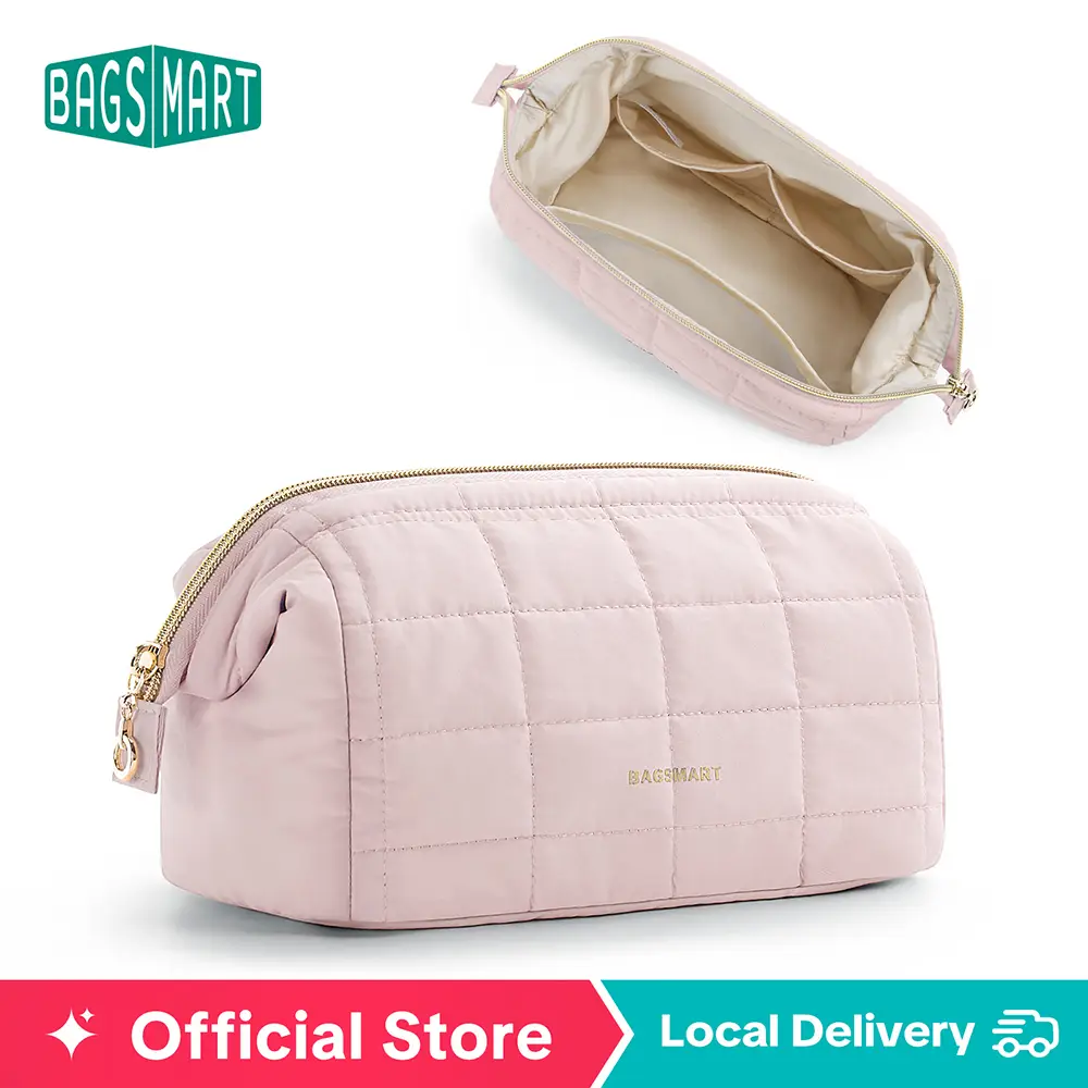 BAGSMART Makeup Bag, Puffy Padded Travel Cosmetic Organizer for Women, Wide-Open Makeup Case for Toiletries, Accessories, and Brushes TikTokShopfallde