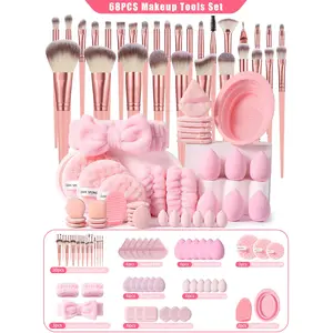 68PCS Makeup Tools Set :30PCS Makeup Brush Set,6PCS Makeup Sponges,6PCS Mini Makeup Sponges,6PCS Triangle Powder Puffs,12PCS Mini Air Cushion Powder Puffs,1pc Hairband,2PCS Hand Bowl Strap,2PCS Makeup Brush Cleaning Tools,3PCS Facial Cleansing Sponges