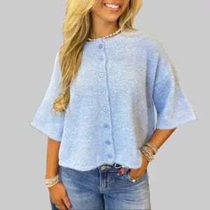 Dear-Lover Women's Lavender 3/4 Sleeve Boxy Knit Button Down Cardigan, Basic Lady's Knitting Tops, Soft Knitwear with Relaxed Modern Silhouette