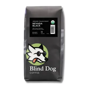 Blind Dog Coffee - 12 Oz Nevada Black Ground Italian Dark Roast Coffee, Organic Whole Bean with hints of Cocoa, Molasses, and Toasted Walnut and Robust Black Coffee Beans, Premium Quality gift for Coffee Lovers