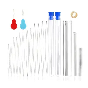 34-Piece Bead Needles Set, Central Opening Bent Needles, Straight Needles with Thread Ring, DIY Beading Sewing Jewelry Making Tools, Needle Crafts Kit