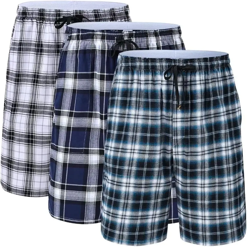YUYANGDPB Menswear 3-Pack Men's Pajama Short Set - Woven Cotton Black White Checkered Plaid Loungewear Shorts, Button Open Fly, Pockets (Black White Checkered Plaid Print Men's Pajamas Bottoms), Pajama Set, Checked