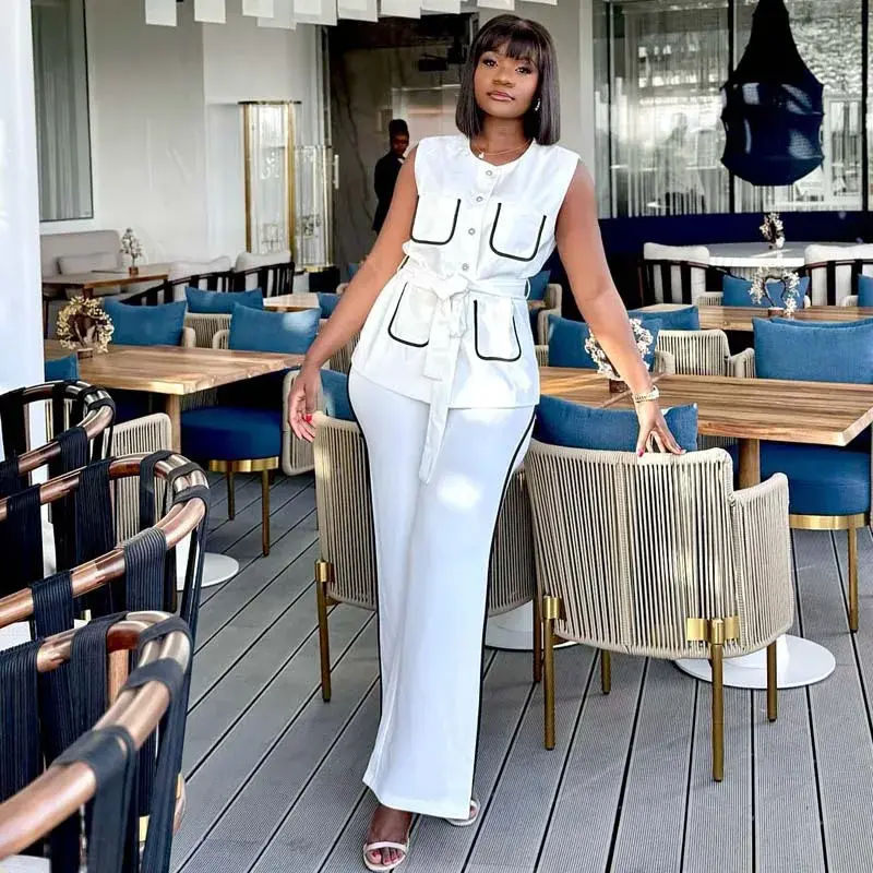 summer spring clothes Fashion Women's Set Sashes Sleeveless Tops wide Leg Pants 2025 OL Work Active Two 2 Piece Sets Outfits Tracksuit Womenswear Check Light Gamis Trouser Basic Fitted Minimalist Short White_Beige