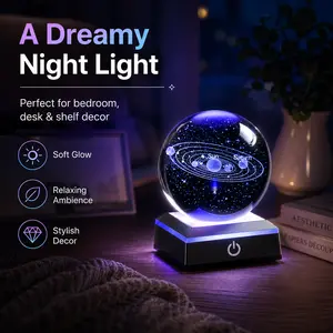 3D Solar System Crystal Ball Night Light with LED Base, USB Powered Galaxy Crystal Sphere Lamp, Space Decor Planet Lamp for Bedroom, Desk, Room Decor, Astronomy Gift for Kids & Adults