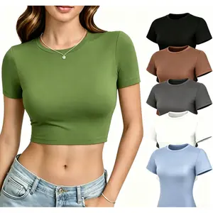 HEYE Women Fitted Workout Tops,Short Sleeve Double Lined Basic,Y2K Going Out Crew Neck Compression Crop Top