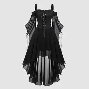 Plus-Size Women’s Gothic Vintage Cocktail Midi Dress – Crochet, Long Flared Sleeves, Asymmetrical Hem