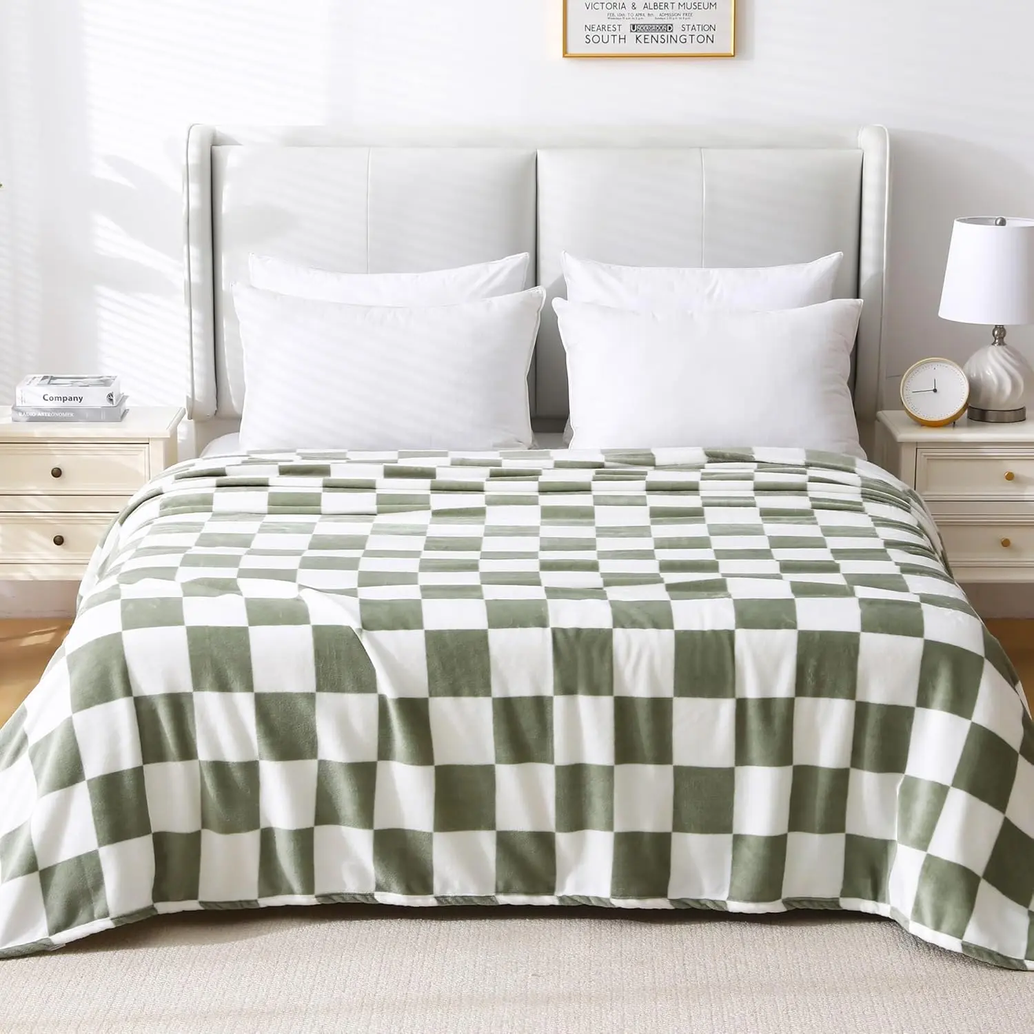 Checkered King Size Sage Green Bedding Blanket - 280GSM Lightweight Fuzzy Plush, 90x108in, All Seasons, Double-Side Stitch, Durable, Fade Resistant, Machine Wash