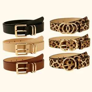 SHIFFRINKEN Women's 6-Pack Waist Belts - Heavy-Duty PU Leather, Solid Color & Leopard Print, Gold Multi-Buckles (Double Keeper Pin, Triple Ring, C Round, Frame), Adjustable, Versatile for Jeans, Dresses, Multi Sizes, Waist Belt