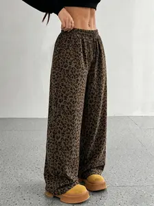 Women's Leopard Print Corduroy Wide Leg Pants, High Waist Rise Drawstring Sweatpants, Casual Loose Fit, Comfortable Street Style, Trendy Fashion