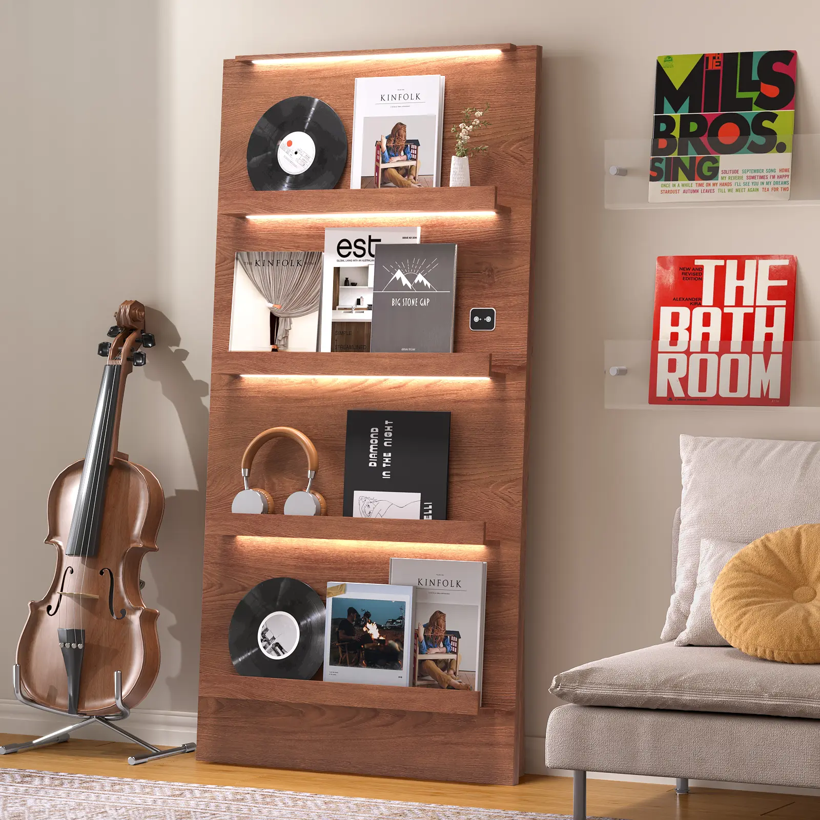 MIIFUNY 63" Vinyl Record Storage, 3-Color LED Lights Display Shelf, Brown | 4-Tier Storage for Vinyl/CD/DVD/Magazine,3-Color LED & Motion Sensor,Brown Display Stand for Living Room