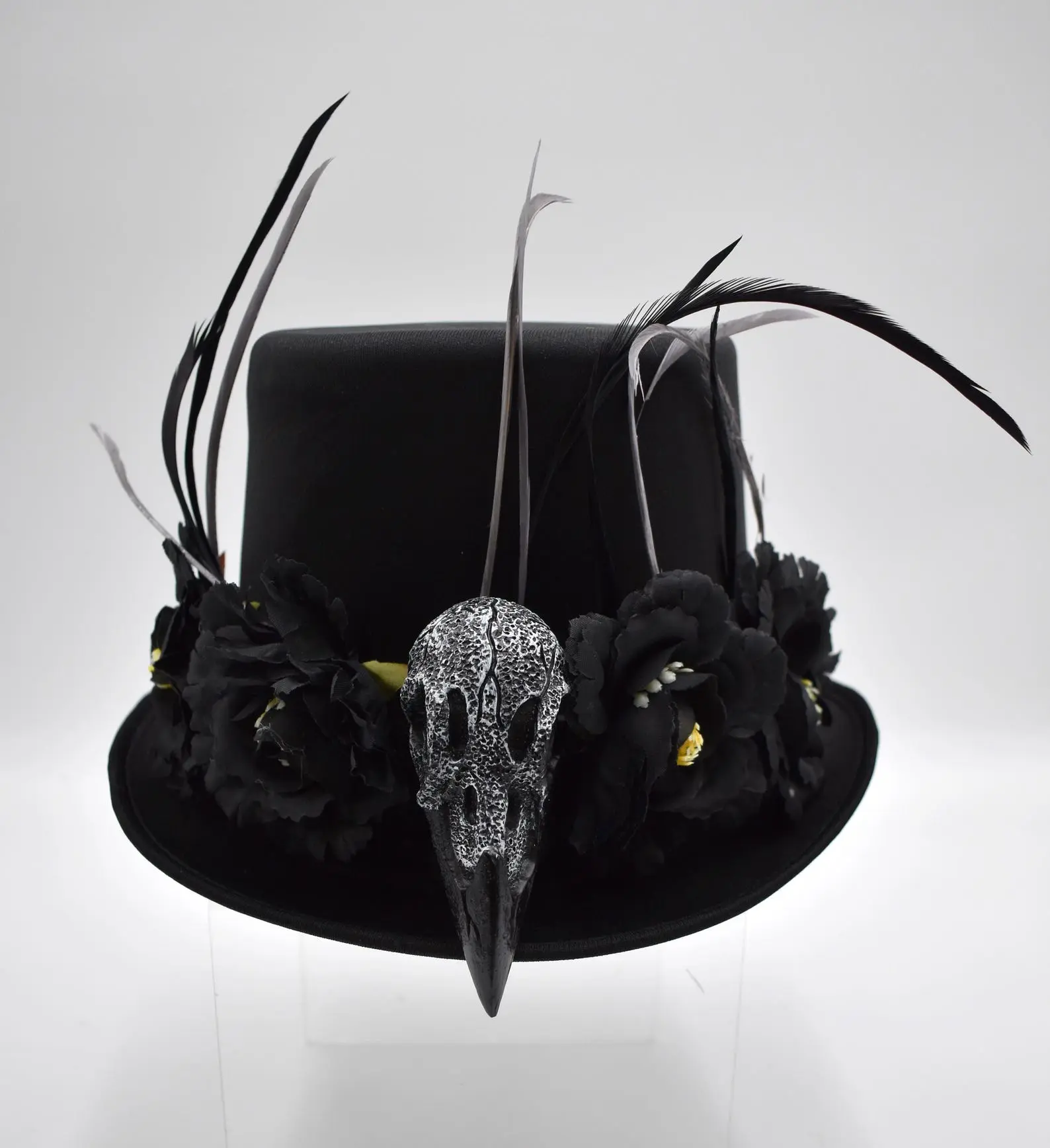 Unisex Adult Teen Black Voodoo Top Hat Crow Raven Skull Bones Faux Flowers Feathers Witch Doctor Costume Headpiece Halloween Headwear