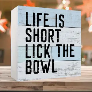 Life Is Short Lick The Bowl Design Ornament, Retro Wood Grain PVC Ornament, Desktop Bookshelf Decoration, Party Decoration, Holiday Supplies and Gifts