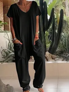 Boho-Chic Loungewear Jumpsuit, V-Neck Short Sleeve Harem Romper with Pockets, Casual Fitted Jumpsuit for All Seasons, Beach & Coastal
