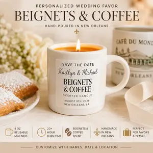 Personalized Wedding Favor Candle | Beignets & Coffee Mini Mug | Save the Date, Thanks A Latte & Thank You Gifts