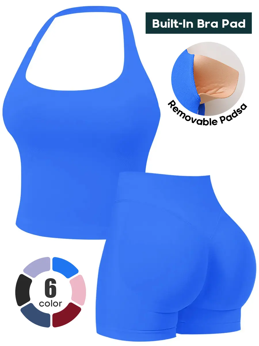 Women's 2-Piece Solid Color Halter Sleeve Shirt & High Waist Shorts Sports Set - Female Paired/Short Set Sports Sweat Suit, Breathable Quick-Dry Activewear with Adjustable Coverage for Yoga, Gym