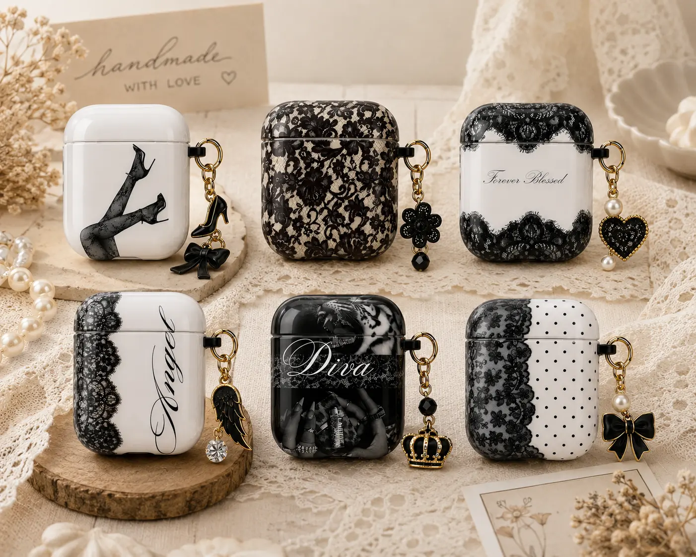NO KEYCHAIN Black Lace Coquette AirPods Case, Dark Feminine AirPods Pro Cover, Gothic Bow Lace AirPods Gen 1 2 3 4 Case, Old Money Aesthetic Protective Gift