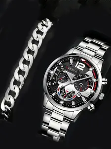 2-piece men's steel strap calendar quartz watch sports night light pointer quartz watch men's watch Luminous Analog Watch
