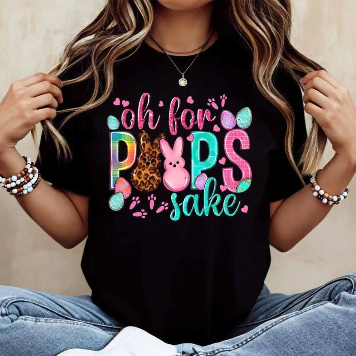 Oh For Peeps Sake Easter Bunny Rabbit Cotton T Shirt Women's Casual Round Neck Short Sleeve Regular Fit Summer Top Machine Washable USA Made Fashion Graphic Tee for Easter Party Fun Holiday Wear