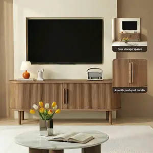 63in Modern Fluted Finish TV Media Console Table - Oval Furniture with Sliding Door, 4 Storage Spaces, Raised Solid Wood Legs, Wavy Curve Design for Living Room, Bedroom