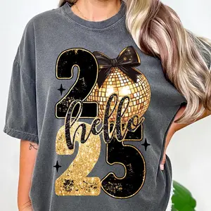 Happy New Year 2025 Shirt, Trendy New Years Eve Shirt, Black And Gold Sequins Glitter Faux Sparkly New Year Shirt, Hello 2025 Shirt
