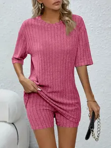 Women's Casual Striped Short Sleeve Top and Shorts Set, Comfy Spring Summer for Relaxation and Daily Wear, Perfect for Leisure Activities