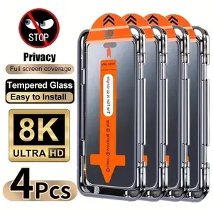 4pcs Full Cover Privacy Tempered Glass Screen Protector Accessories For iPhone 17 Pro Max/17 Air/16 Pro Max/15 Pro17/16/15/14/13/12/11/16e/Plus/Mini/X/XR/XS Max, 9H+ Hardness, Ultra HD, Anti-Scratch, Anti-Fingerprint, Easy to Install, Anti-Peeping