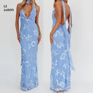 LI LUION Women's Backless Halter Maxi Dress Embellished Pink/Blue Sleeveless Floral Formal Cocktail Dress for Party with Zipper in Back