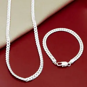 Charm Silver Color 5mm Side Chain 20 Inch Necklace 8 Inch Bracelet Set Fashion Charm Jewelry