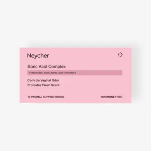 Neycher Boric Acid Complex Suppositories with 10 Mg Hyaluronic Acid, Lactic Acid, Boric Acid (290 mg) Vitamin E for Ph balance. Suitable for menopausal dryness.