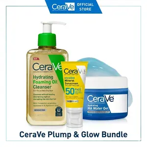 CeraVe Plump & Glow Bundle | Hydrating Foaming Oil Cleanser + HA Water Gel + Invisible Mineral Sunscreen SPF 50 | 3-Step Routine for All Skin Types