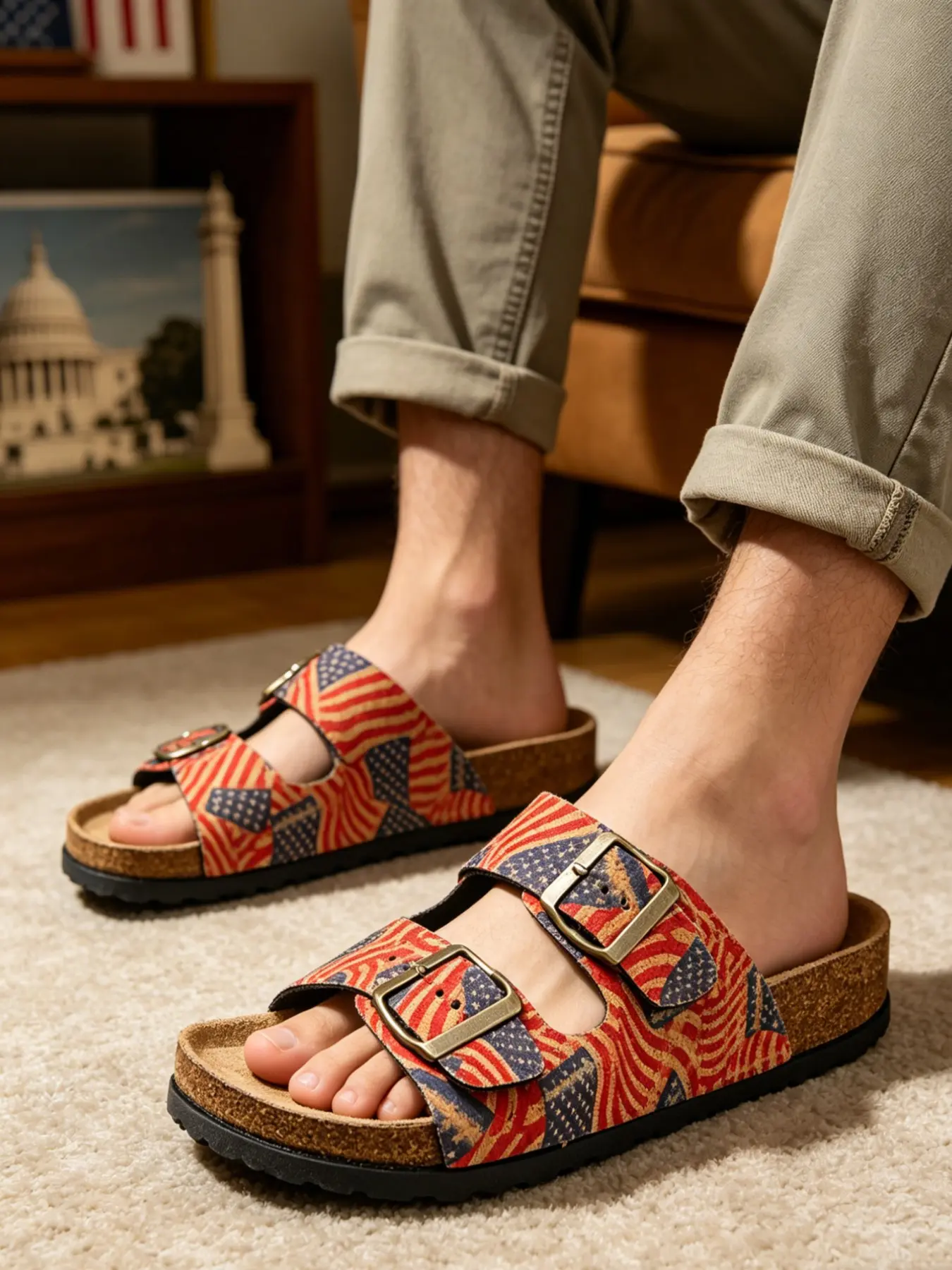 Unisex Cork Sandals, Outdoor Sandals, Comfort Arch Support Footbed Slides Ergonomic Adjustable Double Buckle Sandals US Flag Patriotic Star and Stripes Slippers for Summer Backyard BBQ 4th of July Family Gathering Walking Shoes Non-Slip Durable
