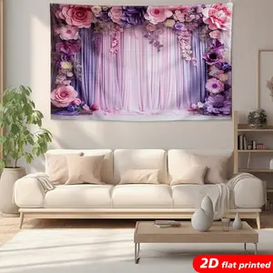 Purple Pink Floral Tapestry Wall Hanging, Romantic Flower Curtain Hydrangea Design, 2D Flat Printed Tapestry for Wedding, Bridal Shower, Aesthetic Home Decor
