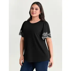BLOOMCHIC Women's Plus Size Stretchy Spandex-Fabric Floral Embroidered Short-Sleeve Polyester Blend T-Shirt - Regular-Sleeve Option Flattering Fit Garment Sizes M-6X 2026 Summer Vibes Swimweek