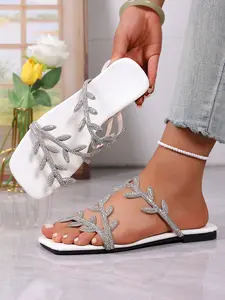 Women's Glittering Rhinestone Leaf Flat Sandals, Square Toe Open-Toe Fairy Style Slippers, Elegant and Stylish Footwear for Women