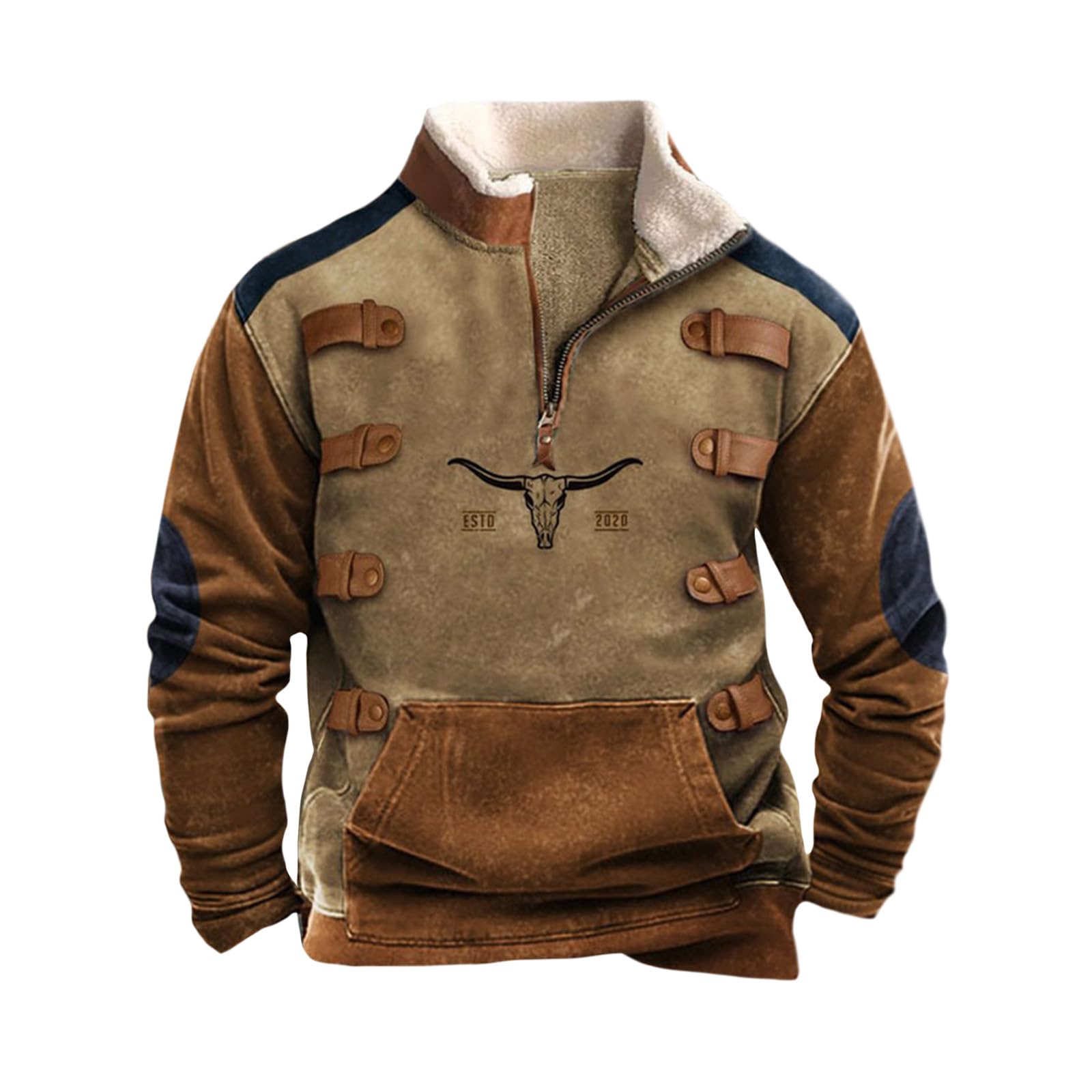 Men ' s Aztec Graphic Pullover Half - Zip   Sweatshirt with Front Pocket - Sweaters ,  Menswear Casual Long Sleeve Cotton Athletic   Collared Hoodie