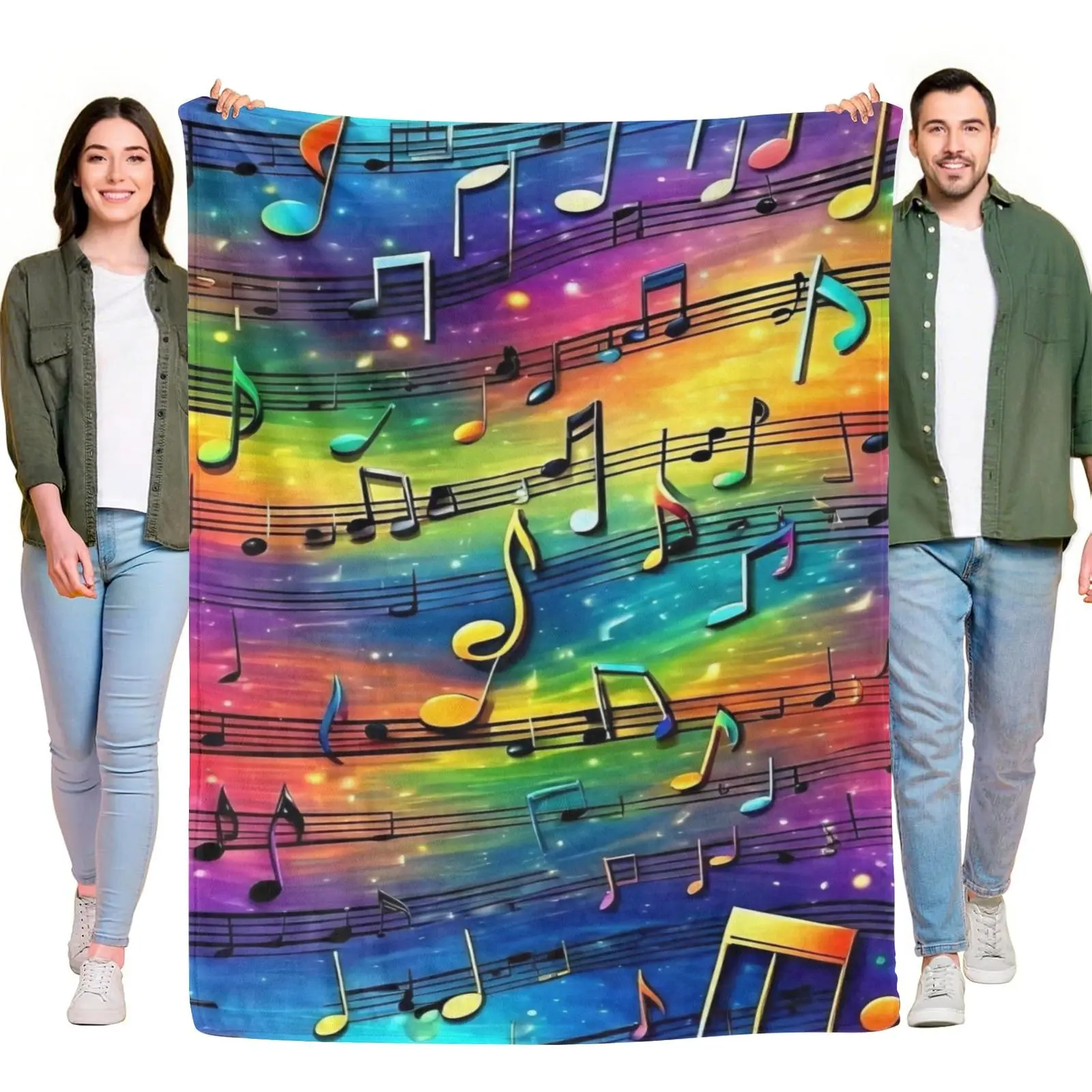 Rainbow Galaxy Colorful Music Notes Flannel Throw Blanket, Trippy Psychedelic Musical Pattern Cozy Blanket