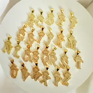 Dije Inicial with Crown and Zirconia 14K Gold Plated Initial Pendant for Personalized Jewelry