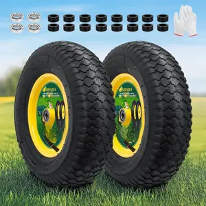 (2 Pack) 4.80/4.00-8" Tire and Wheel, 16 inch Pneumatic Wheel with 5/8" Extra 3/4" Bearings,3" Centered Hub with, Replacement Tube for Wheelbarrows, Garden, Utility Carts(Yellow)