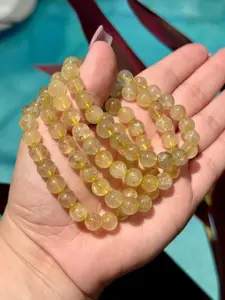 Natural Gold Rutilated Quartz 8mm Beaded Stretch Bracelet | Golden Rutile Quartz Jewelry